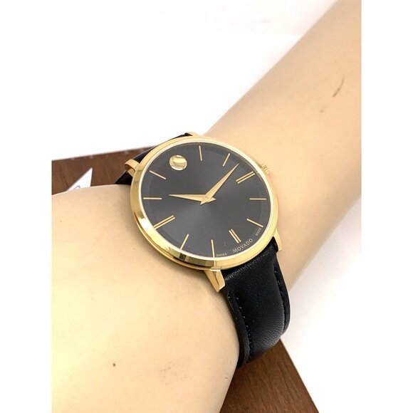 Movado Womens Watch 0607091 Ultra Slim Black Dial Swiss Quartz Gold Leather 35mm main image 7